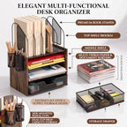 Wood Desk Organizer - 4-Tier Desktop File Organizer with Drawer, Wooden Paper Tray, Vertical File Holders & 2 Pencil Holders - Office Desk Organizer for Papers, Mail, Notebooks, Stationery - Image 4