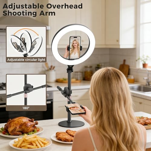 LULED 11" Desk Ring Light, Ring Light with Tripod Stand, Overhead Phone Mount for Video Recording & Tripod for Cooking, Live Streaming TikTok & YouTube, with Bluetooth Remote Compatible with iPhone - Image 4