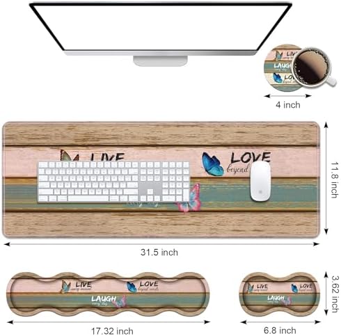 Ergonomic Keyboard Wrist Rest & Mouse Pad Wrist Rest Set, Large XXL Gaming Desk Mat 31.5"x 11.8" with Memory Foam, Easy Typing Pain Relief for Office & Home, Vintage Wood Board Live Laugh Love - Image 2