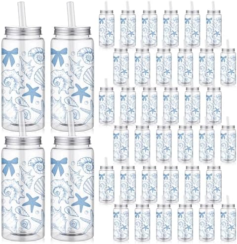 Meanplan 36 Pack Ocean Coastal Plastic Cups with Lids and Straws 14 oz by Meanplan