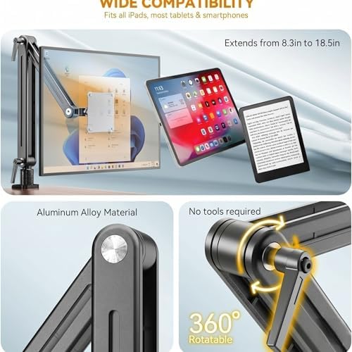 Portable Monitor Holder Mount Arm with Strong Magnetic 360° Rotating Base Bearing Over 5LBS Compatible with 12.9/14.6/15.6/17.3/18.5 inch iPad Pro/Mini/Air/Surface/Samsung - Image 3