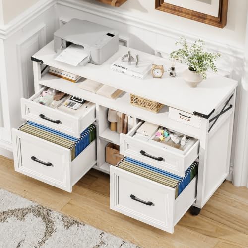 Halitaa Farmhouse Filing Cabinet with Adjustable Shelf & Wheels, White - Image 5