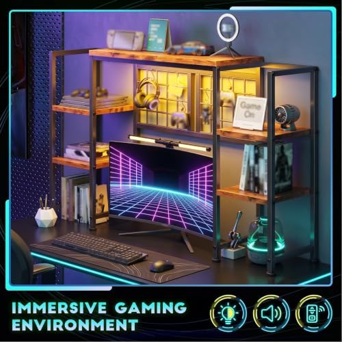 REIBII 5-Tier LED Desk Hutch, Desk Shelf for Dorm Home Office, Rustic Brown - Image 5