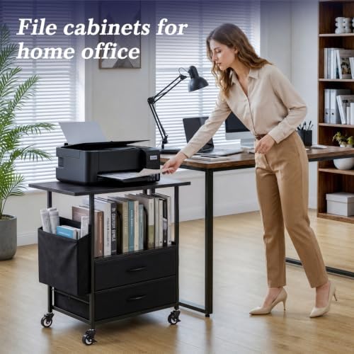 Faesun Printer Stand with Storage, 22'' Rolling Printer Table with 2 Fabric Drawers, File Cabinet for Home Office, Small Office Storage Cabinet with Side Pocket & Dividers, Black - Image 3
