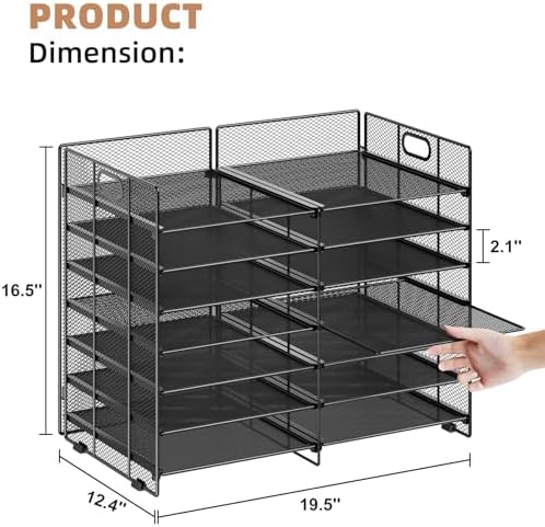 Marbrasse 12 Slots Desktop Literature Organizer, 7-Tier Mesh Paper Organizer for Desk, Adjustable Mail File Sorter Tray with Handle, Desktop Classroom Mailbox Cabinet for Office Home School, Black - Image 3