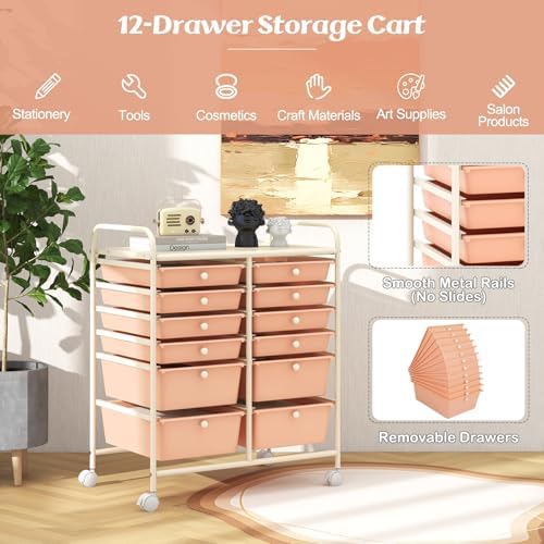 LDAILY 12 Drawer Rolling Storage Cart, Craft Cart Organizer on Wheels w/Metal Frame, Large Capacity & Smooth Drawer, Rolling Cart w/Drawers for Classroom, Office - Image 4