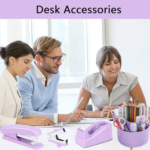 Office Supplies,Purple Desk Accessories,Desk Organizer,Stapler,Tape Dispenser,Folding Phone Stand,Scissors,Notebook,Staple Remover,Staples,Clear Tape,Sticky Notes,Clips,Cool Pen,Bookmark,Ect.22pcs - Image 2