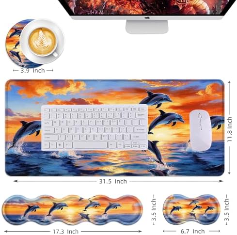 Mouse Pad,Large Desk Mat Set, 4in1 XL Mousepad + Keyboard Wrist Rest+Mouse Wrist Rest+Coaster with Ergonomic Desk Pad for Home Office Table Computer Cover -Dolphin Jumping Ocean Sunset Beach - Image 6