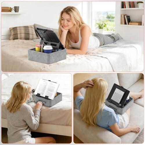 KDD 5 in 1 Tablet Pillow Holder, Foldable iPad Stand with Storage Tray, 2 Cup Holders and Pen Slot, Adjustable Reading Pillow for Lap, Bed, Desk and Couch Compatible with iPad Pro 12.9, Air, E-Reader - Image 4