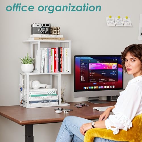 Small Desktop Bookshelf Organizer, White 3-Tier Desk Shelf with Metal Hook Workspace Organizers for Desk Organization and Office Storage Table Bookcase - Image 4