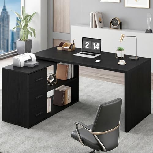 HSH Black L Shaped Desk Corner Desk with 3 Storage Drawers 55 inch by HOMESWEETHOME