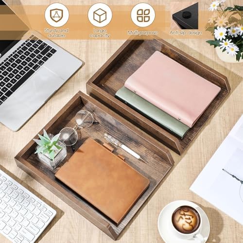 DoubleFill 2 Pcs Wooden Letter Tray 2 Tier Letter-Size Desk Tray, Dark Wood - Image 4