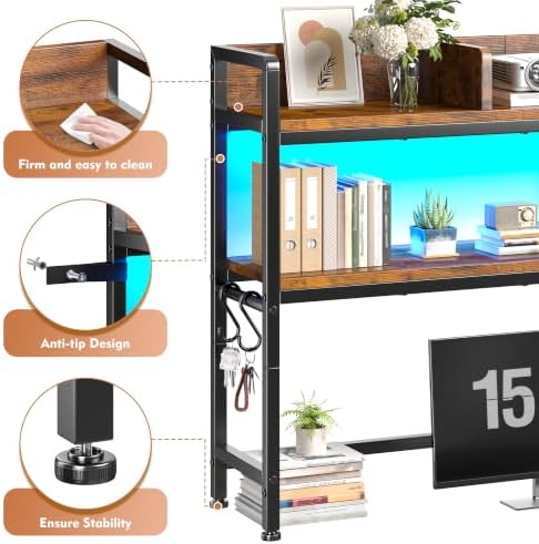 REIBII 2-Tier Desk Shelf, LED, Bedroom and Home Office, Rustic Brown - Image 4