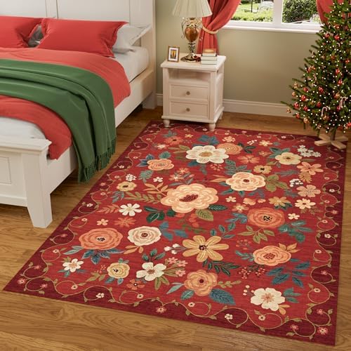 DUKINO 3x5 Area Rug, Floral Washable Rug for Bedroom Non Slip, Red - Image 3