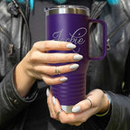 The Wedding Party Store Custom Personalized 20 oz Stainless Steel Powder Coated Vacuum Insulated Double Walled Travel Tumbler Coffee Mug with Handle and Lid (Purple) - Image 2