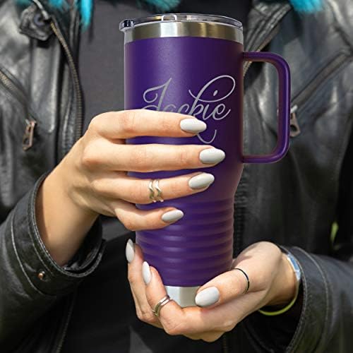 The Wedding Party Store Custom Personalized 20 oz Stainless Steel Powder Coated Vacuum Insulated Double Walled Travel Tumbler Coffee Mug with Handle and Lid (Purple) - Image 2