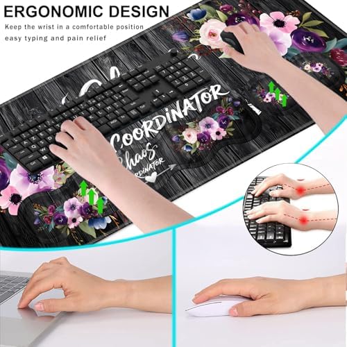 Keyboard Wrist Rest and Mouse Pad with Wrist Support Set Ergonomic Coaster,Memory Foam,Easy Typing Pain Relief,Large XL Desk Mat 31.5"x 11.8",Chaos Coordinator Quotes Vintage Watercolor Floral - Image 6