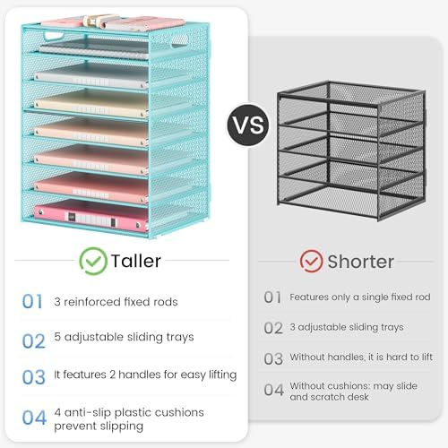 Lavatino 2 Pack 8-Tier Office Desk File Organizer, Letter Tray Paper Organizer with Handle, Including 5 Adjustable Slide Trays for Organizing Desk Workspace Accessories and Supplies (Blue Metal Mesh) - Image 4