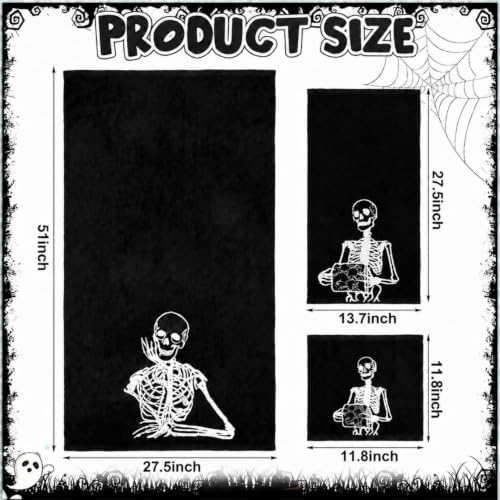 Peryiter 3pcs Halloween Skeleton Bath Towels Black White Decor for Bathroom - Image 2