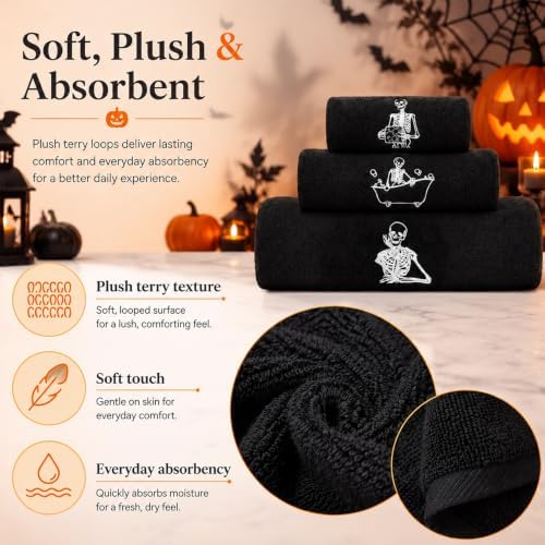 Peryiter 3pcs Halloween Skeleton Bath Towels Black White Decor for Bathroom - Image 3