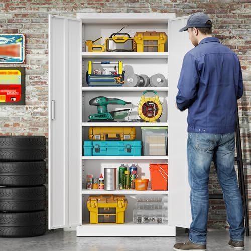 BESFUR Metal Storage Cabinets with Locking Doors and Adjustable Shelves, 71" H Steel Storage Cabinet for Garage, Office, Classroom - White - Image 2