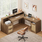63" Rattan L Shaped Desk with Drawers & Printer Shelf for Home Office by YomiluveDesign