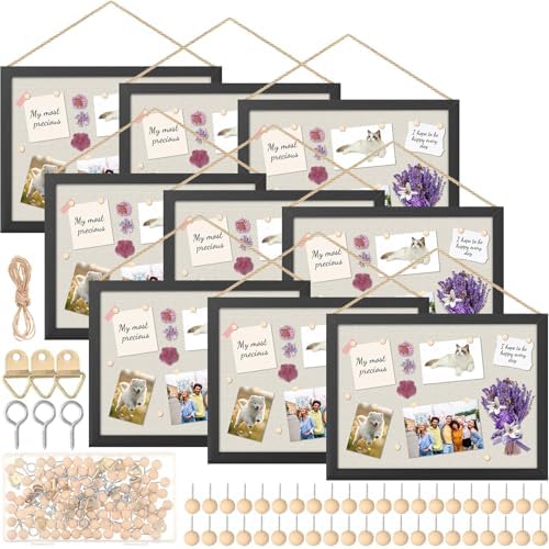 Teling 9 Pack Wood Bulletin Boards with Linen 12''x 16'' Cork Board for Walls with 90 Pushpin Decorative Wood Framed Display for School Office Home Decor (Black) by Teling