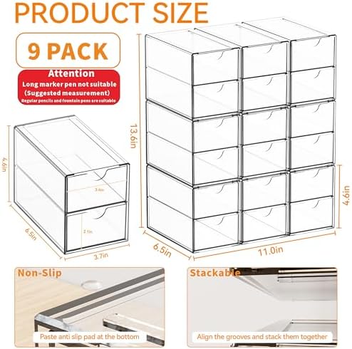 Yieach 9 Pack Small Acrylic Drawers With 18 Drawers,Clear Drawer Organizers Stackable,School,Office Supplies Organizer And Storage Bins for Stationery,Pen,Pencil,Craft,Glasses,Sunglass Organizer Case - Image 3