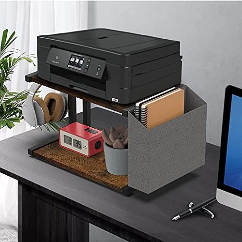 VEDECASA 2 Tier Rustic Brown Wooden Under Desk Printer Stand with Storage Bag for Home Office Desktop Printer Table Organizer Mobile Printer Shelf Cart with Caster Wheel - Image 6