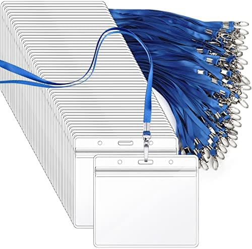 Segarty ID Badge Holder with Lanyard, 150 Pack Horizontal Clear Name Tags Badges with Blue Lanyards Bulk, Waterproof Plastic Nametag Card Holders for School Student Teachers, Business Office by Segarty