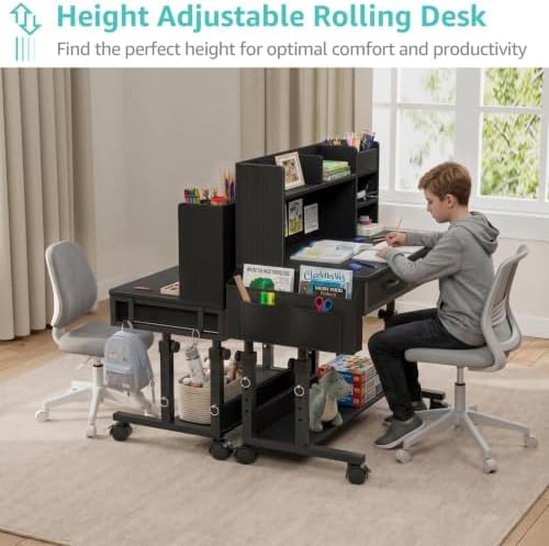WINAZ Black Mobile Kids Desk - 32" Height Adjustable Study Table with Hutch - Image 4