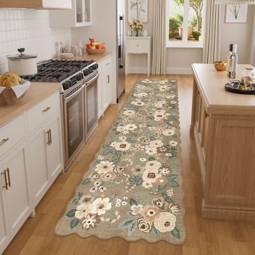 DUKINO 2x8 Washable Runner Rug, Floral Non Slip Kitchen Rugs, Light Taupe - Image 3