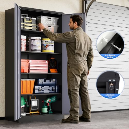 MIIIKO Metal Storage Cabinet with Doors and Shelves, 72" Tall Steel Storage Organizer Cabinets with Lock for Garage,Home Office,Warehouse（Black Grey） - Image 5