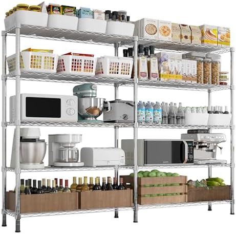 5 Tier Storage Racks Shelving, Heavy Steel Pantry Shelves, Adjustable Wire Shelving Rack, Suitable for Garage, Kitchens, Offices, 58" W x 14" D x 71" H, Chrome by Unknown