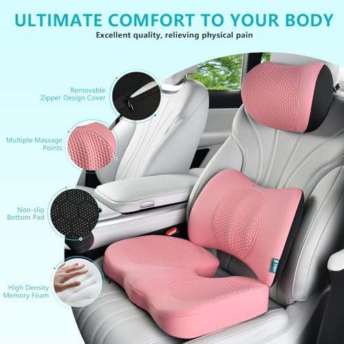 FLORICH 3 PCS Seat Cushion for Carseat Lumbar Support Pillow Car Neck Headrest Pillows 100% Memory Foam Seat Pads Pressure Relief Back Cushion for Office Chair(Pink) - Image 2