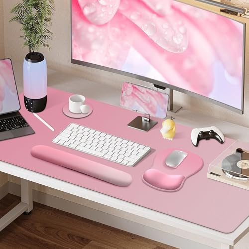 4-in-1 Large Gaming Mouse Pad, Keyboard Wrist Rest Pad & Wrist Support Mousepad Set, Extended Desk Pad Waterproof Desk Mat for Home Office Decor Study Game 35.4×15.7 Inches I Gradient Pink Blush - Image 6