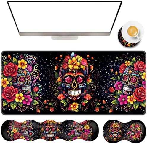 TGFEWYTJYJ Extended Gaming Mouse Pad,Memory Foam Ergonomic Keyboard Mouse Wrist Rest Support Set,Large Desk Mat with Stitched Edges,Non-Slip Base Mousepad Home Office,Skull in Flowers by GFEWYTJYJ