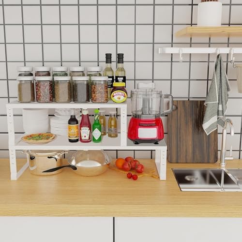 Jojocross Expandable Cabinet Shelf Organizer Storage Spice Rack Shelves for Kitchen Stackable Adjustable Pantry Cupboard Bathroom Countertop Desktop(2Packs/White/Medium) - Image 2