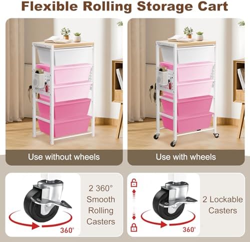 Rolling Cart with Drawers, Rolling Storage Cart with Large Plastic Drawers & Wooden Tabletop, Utility Cart with Pegboards & Basket, Storage Drawers Cart for Living Room, Classroom, Bedroom, Office - Image 3
