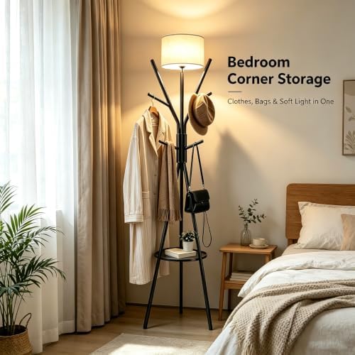 Black Coat Rack Floor Lamp, Metal Standing Lamp with Storage Table, 3 Color Dimmable Tall Lamp with Multi Hooks Coat Rack, Corner Floor Light for Living Room Bedroom Apartment Entryway - Image 3