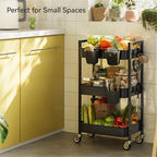 Nunsino 3 Tier Rolling Cart,Utility Cart with Locking Wheels, Hanging Cups & Hooks, Heavy Duty Metal Storage Organizer Cart for Kitchen,Office, Bathroom,Craft Room,Black - Image 2