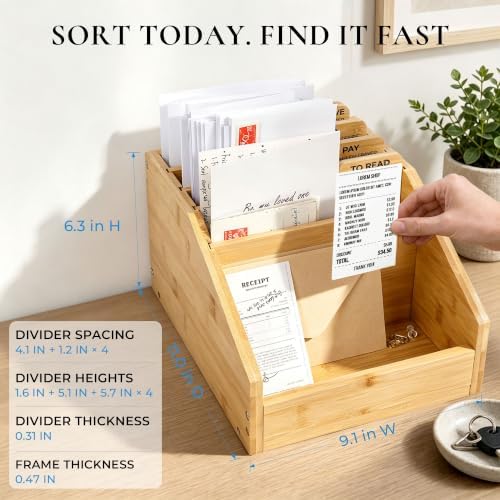 Bamboo Mail Organizer, 5-Section Countertop Mail Holder - Image 2
