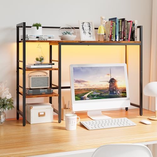 HavenlyYouth Desk Shelf with LED Light Strip, 3-Tier Storage Desktop Organizer Shelf, 38.6" Wood Desktop Bookshelf for Computer Monitor, Desk Hutch for Home Office Dorm, Rustic - Image 2