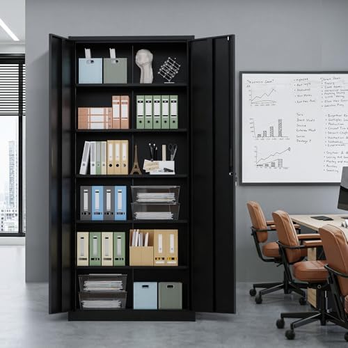VINGLI Metal Garage Storage Cabinet with 2 Doors and 5 Adjustable Shelves, 71" Tall Steel Lockable File Cabinet, Locking Tool Cabinets for Home Office Garage Gym School (Black) - Image 2