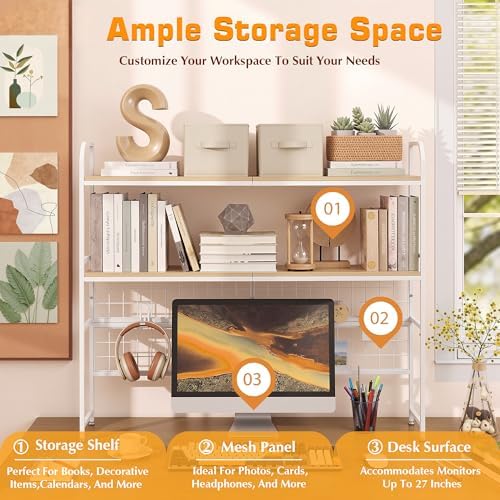VECELO White 2-Tier Desktop Bookshelf, Metal Desk Hutch with Grid Panel, 45.3 Inch Wide Countertop Storage Organizer for Bedroom & Dorm - Image 5
