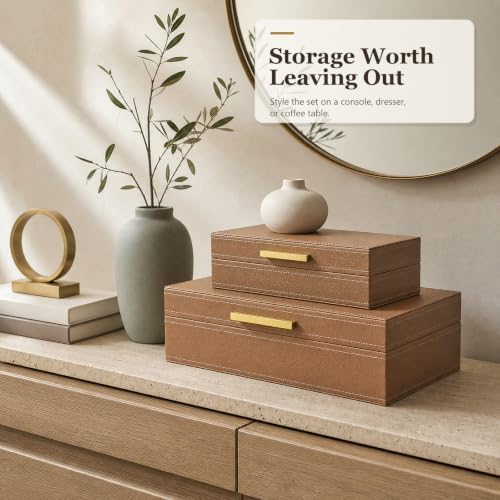 Decorative Storage Boxes with Lids, PU Faux Leather, 2 Pack, Brown - Image 5