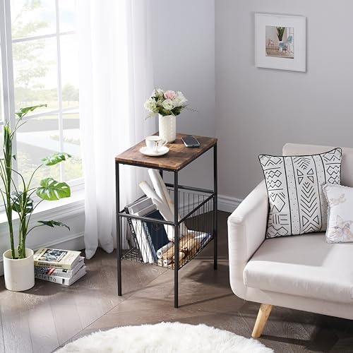 VECELO 2 Sets Tall End Table with Metal Basket,Nightstand with Shelf Storage Organizer, Wood Night Stand with Metal Frame, Waterproof for Bedroom, Living Room, Bathroom - Image 4