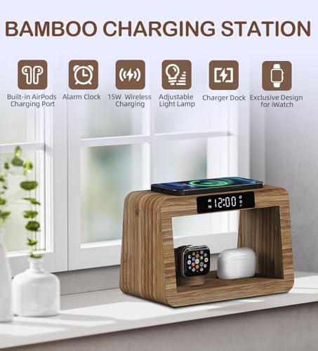 Bamboo Charging Station for Multiple Devices, 15W Fast Wireless Charger Night Light with 3 Color& 4 Adjustable Brightness, Night Stand Charger Station for iPhone/iWatch/AirPods (6955) - Image 4