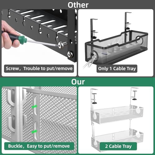 Multi-Model Under Desk Cable Management 2 Pack Metal Under Desk Wire Management Tray Clamp Mount Under Table Cord Management No Damage The Desk White - Image 4