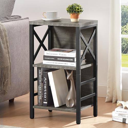 MNEETRUNG Small Bookcase,3 Tier Industrial Bookshelf with Metal Frame and Backboard,Low Grey Book Shelf,Book case for Small Spaces,Living Room,Bedroom and Home Office - Image 2